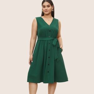 BloomChic Plus Size 2XL Plain Textured Button Detail Belted Tank Dress